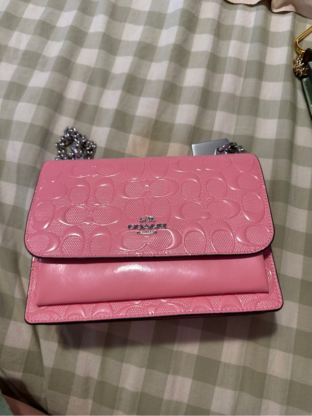 Authentic COACH Pink Signature Patent Leather Crossbody Bag
